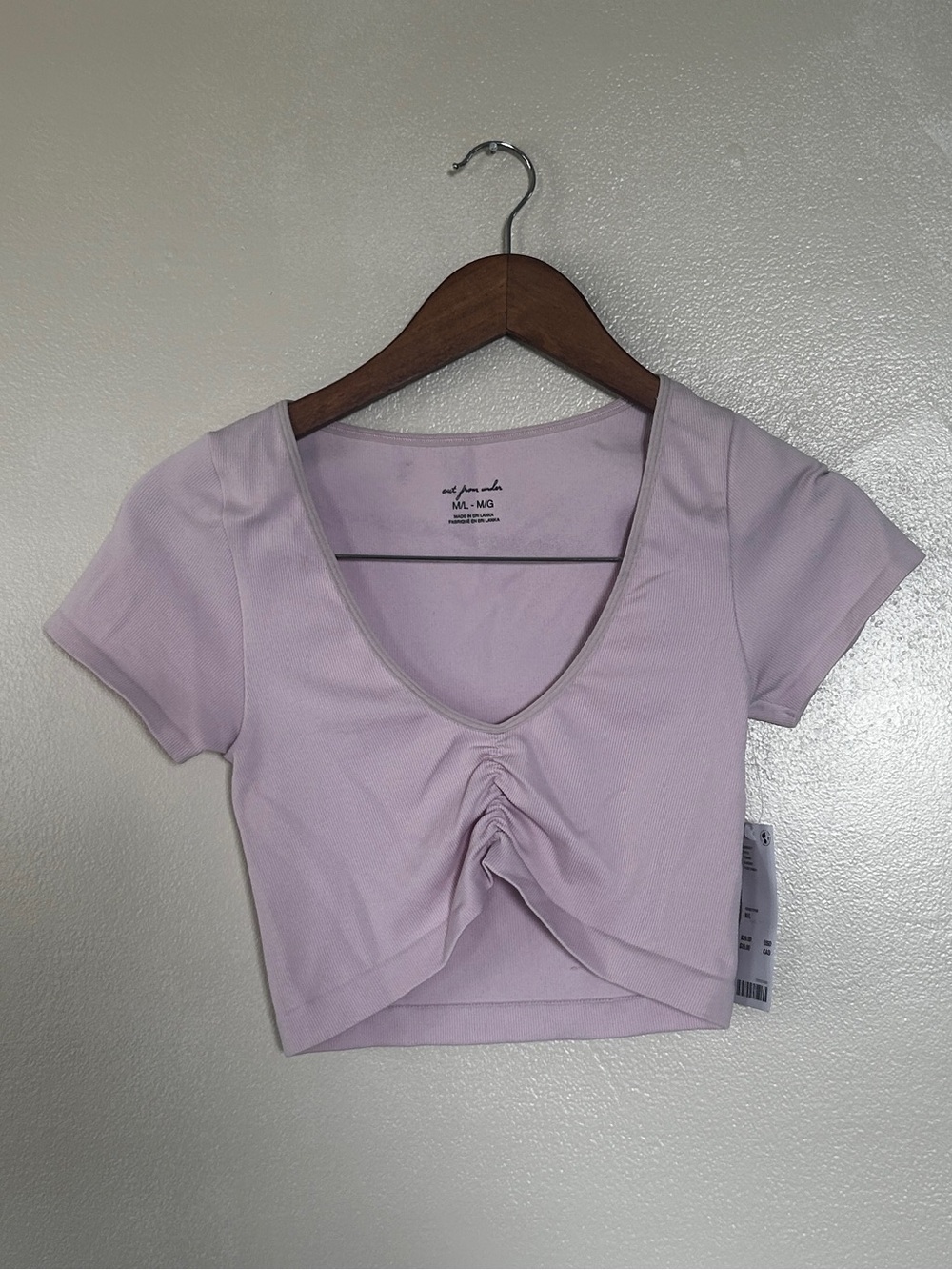 Out From Under NWT Ribbed Ruched V-Neck Cropped Tee Pink M/L Urban Outfitters